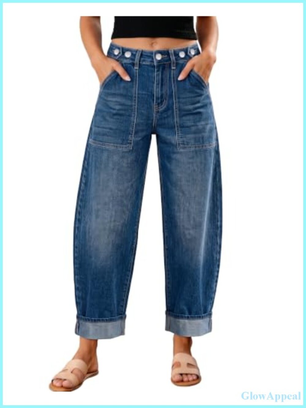 High Waisted Barrel Jeans Cinched Waist Cuffed Stretchy Denim Crop
